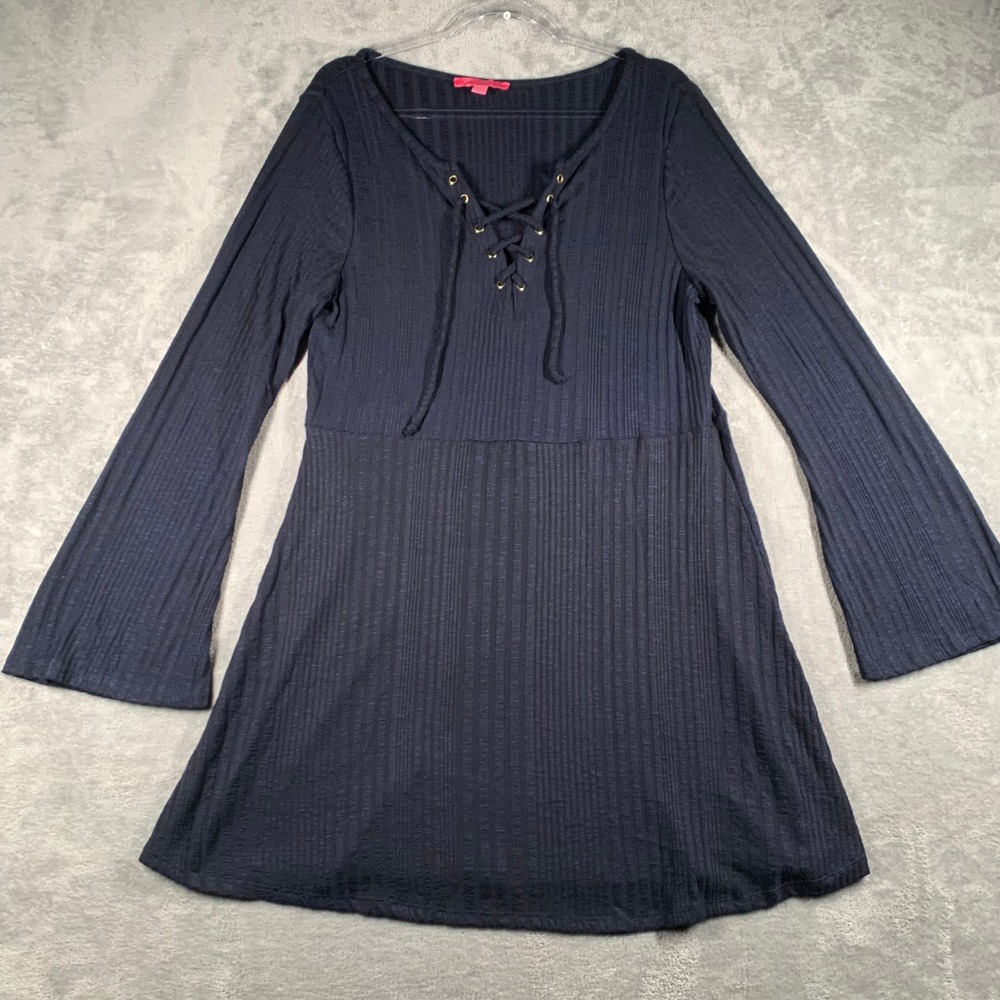 Boho Ribbed Knit Lace-Up Dress 1X Dark Navy Bell Sleeve Stretch Gothic Tunic